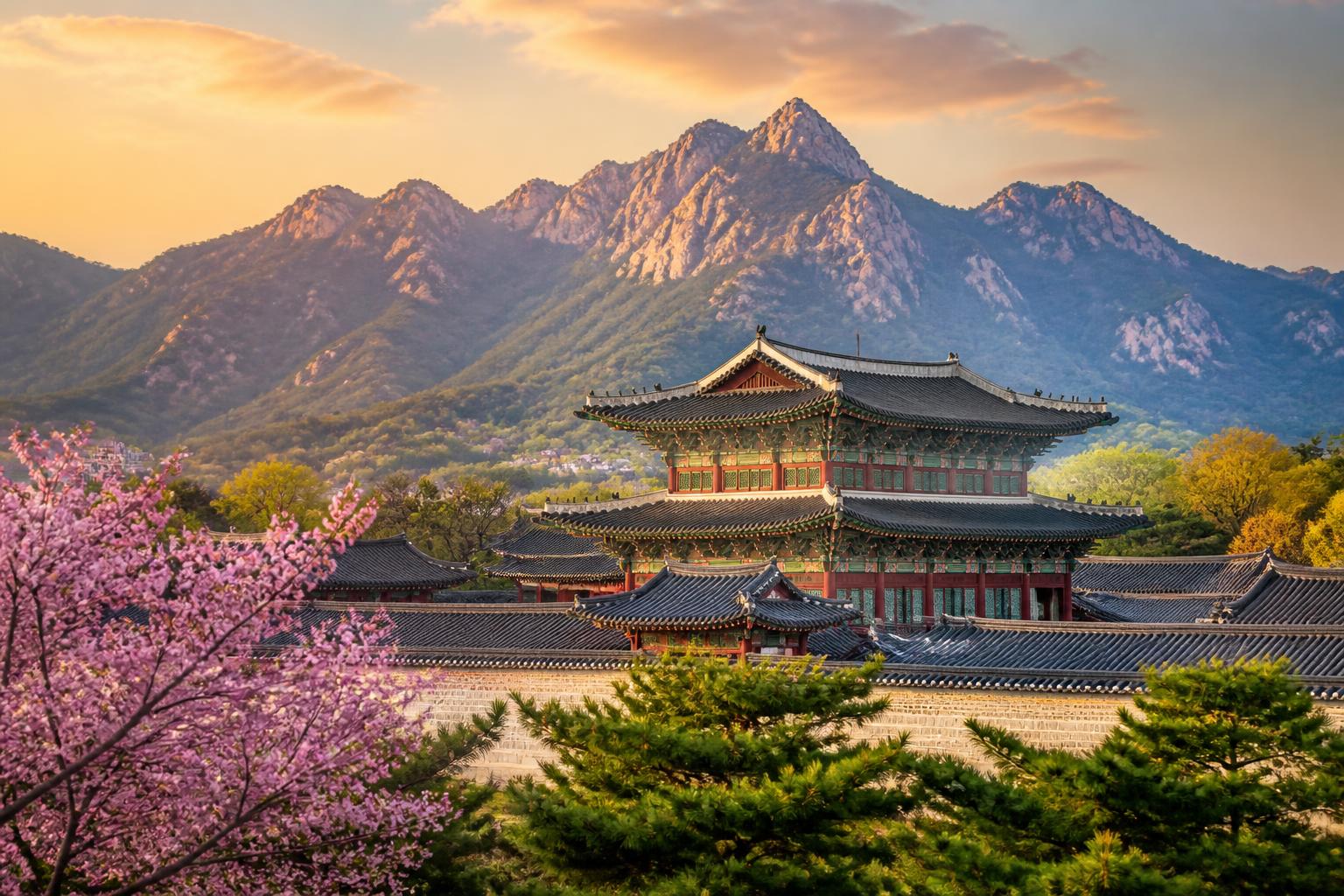 Gyeongbokgung, the historic palace in Seoul, with mountains in the background
